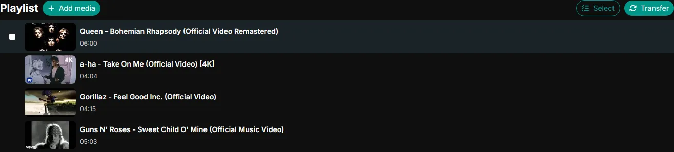 A qsync playlist queue with several music videos lined up to play back to back in sync